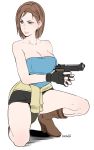  bad_proportions boots breasts brown_hair butcha-u casual cleavage clothes_around_waist commentary_request fingerless_gloves flat_color gloves grey_eyes gun handgun highres jill_valentine large_breasts one_knee pencil_skirt pistol resident_evil resident_evil_3 short_hair skirt solo strapless sweater_around_waist weapon white_background 