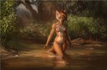  2018 5_fingers akineza anthro blue_eyes breasts brown_fur brown_hair canine day detailed_background digital_media_(artwork) female forest fur hair holding_object holding_weapon mammal melee_weapon navel nipples outside partially_submerged polearm solo spear tree weapon wolf 