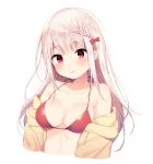  bangs blush bow breasts cardigan cleavage collarbone cropped_torso eyebrows_visible_through_hair floating_hair hair_bow head_tilt highres long_hair mafuyu_(chibi21) medium_breasts open_cardigan open_clothes open_mouth original red_bikini_top red_bow red_eyes shiny shiny_hair shiny_skin silver_hair simple_background solo upper_body white_background yellow_cardigan 