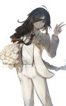  alternate_costume bangs blonde_hair bouquet braid brown_eyes brown_hair collared_shirt commentary_request dress_shirt eyepatch floating_hair flower formal girls_frontline hand_up head_tilt highres holding holding_bouquet jacket long_hair long_sleeves looking_at_viewer m16a1_(girls_frontline) mole mole_under_eye multicolored_hair necktie open_clothes open_jacket pants parted_lips scar scar_across_eye shirt shuzi simple_background single_braid smile solo streaked_hair suit w white_background white_flower white_jacket white_pants white_suit wind wind_lift 