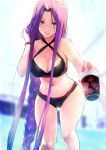  bangs bare_shoulders bikini black_bikini blurry blurry_background bracelet braid breasts cleavage collarbone commentary_request criss-cross_halter cup fate/stay_night fate_(series) halterneck hand_in_hair highres hips holding holding_cup jewelry large_breasts long_braid long_hair looking_at_viewer navel outstretched_arm parted_bangs purple_eyes purple_hair rider single_braid smile solo swimsuit taishi_(picchiridou) thighs very_long_hair wet 