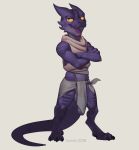  2018 amber_eyes balls big_balls big_penis clothed clothing digitigrade kobold korichi male nil open_mouth penis purple_scales scales scalie solo standing tongue uncut 