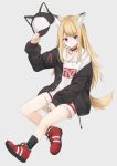  animal_ears bare_legs between_legs blonde_hair blue_eyes collar commentary dog_ears dog_tail hand_between_legs hat hat_removed hat_with_ears headwear_removed highres hood hoodie jacket kmnz long_hair mc_lita open_clothes open_jacket red_footwear smile tail virtual_youtuber waichi 