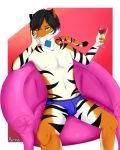  2018 alcohol beverage bulge chair claud_letigre clothing condom feline fur glass male mammal navel orange_fur pyrra seductive sitting solo stripes tiger underwear wine 