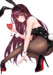  absurdres alcohol animal_ears ass bangs bare_shoulders black_leotard blush breasts bunny_ears bunny_tail bunnysuit closed_mouth coffeedog commentary cup drinking_glass eyebrows_visible_through_hair fate/grand_order fate_(series) fishnet_pantyhose fishnets hair_between_eyes high_heels highres large_breasts leotard long_hair looking_at_viewer pantyhose purple_hair red_eyes scathach_(fate)_(all) scathach_(fate/grand_order) simple_background smile solo squatting strapless strapless_leotard tail thighs white_background wine wine_glass wrist_cuffs 