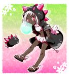  black_jacket bubble_blowing dark_skin full_body gen_7_pokemon hands_in_pockets hatsuru_826 hood jacket midriff miniskirt moemon navel personification pink_eyes pokemon pokemon_(creature) pokemon_(game) pokemon_sm pyukumuku sandals short_hair skirt white_hair white_skirt 