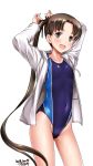  artist_name ass_visible_through_thighs ayanami_(kantai_collection) blue_swimsuit brown_eyes brown_hair collarbone competition_swimsuit contrapposto covered_navel cowboy_shot dated drawstring eyebrows_visible_through_hair flat_chest hair_ribbon highres jacket kantai_collection long_hair looking_at_viewer one-piece_swimsuit open_mouth ribbon side_ponytail simple_background smile solo standing swimsuit track_jacket tsuchimiya tying upper_teeth very_long_hair white_background white_jacket 