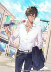 black_pants blue_sky bracelet brown_hair building cloud dark_skin day dutch_angle earrings flower glint hair_between_eyes holding holding_flower jewelry male_focus necklace official_art outdoors pants parted_lips red_eyes road rose shirt sid_story sign sky street sunlight unagipang white_shirt window 