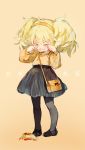  alternate_costume bag bangs black_footwear blonde_hair blouse blush crying eyebrows_visible_through_hair food girls_frontline grey_legwear hair_between_eyes hairband highres loafers long_hair messy_hair open_mouth orange_blouse orange_hairband pantyhose rubbing_eyes s.a.t.8_(girls_frontline) shoes shoulder_bag shuzi sidelocks simple_background skirt solo striped striped_skirt tears twintails younger 