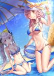  absurdres animal_ears aqua_hair beach_umbrella bikini blue_bikini blush bow breasts cleavage collarbone day ears_through_headwear eyebrows_visible_through_hair fate/grand_order fate_(series) fox_ears fox_tail groin hair_bow hat highres horns kiyohime_(fate/grand_order) kiyohime_(swimsuit_lancer)_(fate) large_breasts long_hair looking_at_viewer medium_breasts multiple_girls navel ocean one_eye_closed outdoors pink_hair ponytail side-tie_bikini silver_hair smile sun_hat swimsuit tail tamamo_(fate)_(all) tamamo_no_mae_(swimsuit_lancer)_(fate) tobychou umbrella yellow_eyes 