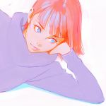  arm_support blue_eyes commentary ilya_kuvshinov lips lying on_side original red_hair short_hair smile solo sweater white_background 