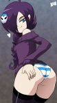 1girl ass bare_shoulders bigdead93 blue_eyes drill_hair hair_ornament hair_over_one_eye long_hair off-shoulder_sweater purple_hair solo striped_panties sweater thighhighs underwear zone-tan 