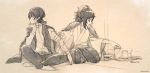  bandaged_arm bandages dalc_rose hand_on_own_chin japanese_clothes kashuu_kiyomitsu kimono looking_away male_focus monochrome multiple_boys ponytail sitting touken_ranbu twitter_username yamato-no-kami_yasusada 