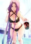  bangs bare_shoulders bikini black_bikini blurry blurry_background bracelet braid breasts cleavage collarbone commentary_request criss-cross_halter cup fate/stay_night fate_(series) halterneck hand_in_hair highres hips holding holding_cup jewelry large_breasts long_braid long_hair looking_at_viewer navel outstretched_arm parted_bangs purple_eyes purple_hair rider single_braid smile solo swimsuit taishi_(picchiridou) thighs very_long_hair wet 