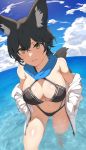  animal_ears bikini black_bikini black_hair breasts cleavage coat commentary_request fox_ears fox_tail ganesagi hands_in_pockets highres large_breasts nanashi_(ganesagi) navel original scarf short_hair smile solo swimsuit tail undressing wading yellow_eyes 