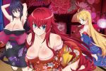  3girls asia_argento bare_shoulders black_hair blonde_hair blue_eyes breasts cleavage green_eyes high_school_dxd himejima_akeno japanese_clothes large_breasts long_hair multiple_girls purple_eyes rias_gremory 