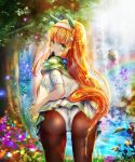  animal_ears ass bangs blush brown_legwear bug butterfly day ear_covers flower green_eyes hair_ornament hairband highres horse_ears horse_girl horse_tail insect long_hair looking_at_viewer luminous mouth_hold orange_hair outdoors pantyhose rainbow silence_suzuka skirt solo sunlight tail tree umamusume water waterfall white_hairband white_skirt 