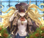  bangs blonde_hair breasts gloves granblue_fantasy hat jacket lala_(0915_yu) long_hair monica_weisswind open_mouth peaked_cap smile solo twintails 