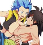  2girls bare_shoulders bending_backward bending_forward bidarian black_eyes black_hair blonde_hair blue_hair breast_press breasts broly_(dragon_ball_super) clenched_hand dragon_ball dragon_ball_super dragon_ball_super_broly genderswap genderswap_(mtf) gogeta hands_on_hips large_breasts looking_at_another multiple_girls open_mouth scar shirtless short_hair simple_background smile spiked_hair super_saiyan super_saiyan_blue symmetrical_docking upper_body vest white_background wristband 