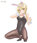  animal_ears black_leotard blonde_hair blush bow bowtie brown_legwear bunny_ears bunny_girl bunnysuit detached_collar fake_animal_ears flying_sweatdrops full_body ichii_yui leotard looking_at_viewer low_twintails pantyhose pink_neckwear simple_background solo squatting strapless strapless_leotard twintails umiroku white_background wiping_face wrist_cuffs yellow_eyes yuyushiki 