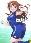  2018_fifa_world_cup :d adidas armpit_peek ass bangs blush brown_eyes brown_hair clothes_writing commentary_request eyebrows_visible_through_hair fingernails from_behind half_updo highres idolmaster idolmaster_cinderella_girls inoue_sora japan japanese_flag long_hair looking_at_viewer looking_back nail_polish one_side_up open_mouth outstretched_arm pantylines shimamura_uzuki short_sleeves shorts signature simple_background smile soccer soccer_uniform solo sportswear twisted_torso v world_cup 