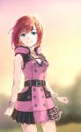  2018 asymmetrical_clothes bangs bare_shoulders belt belt_buckle black_belt blue_eyes blurry blurry_background bracelet breasts buckle buttons commentary_request cowboy_shot dated depth_of_field dress eyebrows_visible_through_hair gogo_(detteiu_de) highres hood hood_down jewelry kairi_(kingdom_hearts) kingdom_hearts kingdom_hearts_iii legs_apart looking_at_viewer necklace open_mouth pink_dress pleated_dress red_hair short_dress short_hair signature skirt sleeveless sleeveless_dress smile solo undershirt unzipped wristband zipper zipper_pull_tab 