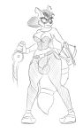  2015 anthro areola big_breasts black_and_white blood breasts bulge cleavage clothed clothing corset crossbow dagger dickgirl dripping hi_res intersex jrvanesbroek knife lingerie mammal mask melee_weapon monochrome piercing procyonid raccoon ranged_weapon scar sketch solo weapon 