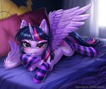  2018 bed blush clothing digital_media_(artwork) equine feathered_wings feathers female feral friendship_is_magic hair horn inner_ear_fluff inside legwear looking_at_viewer lying mammal multicolored_hair multicolored_tail my_little_pony on_bed on_front purple_eyes purple_feathers racoon-kun seductive smile socks solo striped_legwear stripes twilight_sparkle_(mlp) url winged_unicorn wings 