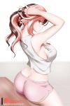  adjusting_hair alfred_cullado arms_behind_head arms_up ass bare_shoulders blush breasts brown_hair butt_crack covered_nipples from_behind hands_in_hair highres jewelry large_breasts lips long_hair looking_at_viewer looking_back multicolored_hair necklace neo_(rwby) parted_lips pink_eyes pink_hair rwby shiny shiny_hair shiny_skin shorts sitting sleeveless solo tank_top two-tone_hair white_hair 