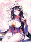  apsara_(elsword) ara_han black_hair blush breasts cleavage collarbone commentary_request elsword hair_ornament highres kanola_u large_breasts long_hair mouth_hold one_eye_closed orange_panties panties solo underwear yellow_eyes 