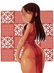  alternate_costume ass bare_shoulders black_hair borvar breasts brown_eyes butt_crack china_dress chinese_clothes dark_skin dress ears_visible_through_hair eyebrows_visible_through_hair fang hair_ornament hairclip highres ijiranaide_nagatoro-san long_hair looking_at_viewer looking_back nagatoro no_panties patterned_background pelvic_curtain shippou_(pattern) side_slit small_breasts smile solo standing tan thick_thighs thighs wide_hips 