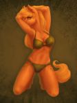  2018 anthro applejack_(mlp) blonde_hair bra breasts clothing digital_media_(artwork) equine female friendship_is_magic fur gor1ck green_eyes hair kneeling looking_at_viewer mammal midriff my_little_pony navel orange_fur smile solo underwear 