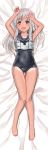  absurdres armpits arms_up ass_visible_through_thighs barefoot blue_eyes blue_swimsuit blush cameltoe claw_pose collarbone commentary_request covered_navel crop_top dakimakura dark_skin eyebrows_visible_through_hair flower full_body hair_flower hair_ornament highres jjjehuty kantai_collection legs long_hair lying on_back one-piece_swimsuit open_mouth ro-500_(kantai_collection) school_swimsuit shirt silver_hair sleeveless sleeveless_shirt solo swimsuit swimsuit_under_clothes tan tanline thigh_gap toes white_shirt 