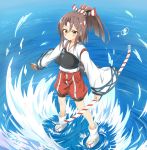  &gt;:) afloat ankle_socks blush bow_(weapon) brown_eyes brown_hair collarbone from_above full_body hachimaki hair_between_eyes hakama headband holding japanese_clothes kantai_collection looking_at_viewer looking_up machinery muneate nedia_(nedia_region) ocean ponytail smile socks solo standing standing_on_liquid v-shaped_eyebrows weapon white_legwear zuihou_(kantai_collection) 
