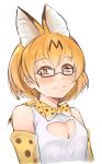  :3 absurdres animal_ears bare_shoulders bespectacled blonde_hair blush bow bowtie breasts cleavage_cutout commentary_request elbow_gloves extra_ears eyebrows_visible_through_hair glasses gloves highres kemono_friends looking_at_viewer medium_breasts print_gloves print_neckwear rin_(ashleyy) serval_(kemono_friends) serval_ears shirt short_hair simple_background sleeveless sleeveless_shirt slit_pupils solo yellow_eyes 