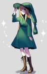  blue_eyes boots brown_footwear chiicoo cross-laced_footwear dress eyebrows_visible_through_hair full_body girdle green_dress grey_background hand_on_headwear hat high_heels lace-up_boots puyopuyo simple_background standing turtleneck_dress witch_(puyopuyo) witch_hat 