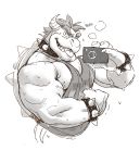  0rang3 2018 4_fingers absurd_res alternate_version_at_source anthro biceps bowser bracelet cellphone clothing flexing greyscale hi_res holding_object holding_phone jewelry koopa looking_at_viewer male mario_bros monochrome muscular muscular_male nintendo onomatopoeia phone scalie selfie shirt simple_background smile solo sound_effects spiked_bracelet spikes tank_top video_games white_background 