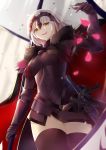  absurdres arm_up armor armored_dress black_dress black_legwear breastplate breasts cape chain commentary_request cowboy_shot dress eyebrows_visible_through_hair fate/grand_order fate_(series) fur_trim gauntlets grey_background headpiece highres igakusei jeanne_d'arc_(alter)_(fate) jeanne_d'arc_(fate)_(all) looking_at_viewer medium_breasts open_mouth petals scabbard sheath sheathed short_hair silver_hair smile solo standing sword thighhighs thighs weapon yellow_eyes zettai_ryouiki 