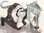  1girl ahoge all_fours animal_ears animal_tail aqua_eyes aqua_hair bangs belt black_belt black_legwear black_skirt blue_eyes blue_hair cat_ears cat_girl cat_tail eyebrows_visible_through_hair female full_body grey_background hair_between_eyes hand_up hibiki_(kantai_collection) ikashun kantai_collection long_sleeves looking_at_viewer no_shoes open_mouth pleated_skirt school_uniform serafuku shadow simple_background skirt sleeve_cuffs solo thighhighs verniy_(kantai_collection) white_serafuku white_shirt 