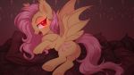  2018 absurd_res alternate_species bat_pony bat_wings blush butt cute cute_fangs cutie_mark dark equine eyebrows eyelashes fangs female feral flutterbat_(mlp) fluttershy_(mlp) friendship_is_magic glowing glowing_eyes hair half-closed_eyes hi_res hooves inside long_hair looking_at_viewer lying mammal membranous_wings my_little_pony nude open_mouth open_smile pillow pink_hair portrait red_eyes slit_pupils smile solo taesuga tongue underhoof wallpaper wings 