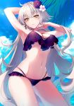  ahoge armpits arms_up bikini blue_sky breasts cleavage commentary_request contrapposto cowboy_shot day earrings fate/grand_order fate_(series) flower hair_flower hair_ornament highres jeanne_d'arc_(alter)_(fate) jeanne_d'arc_(fate)_(all) jewelry long_hair looking_at_viewer medium_breasts multi-strapped_bikini navel neko-san_(dim.dream) outdoors purple_bikini silver_hair sky solo standing swimsuit underboob very_long_hair water wet yellow_eyes 