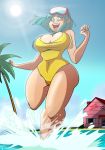  1girl artist_request bare_shoulders blue_eyes blue_hair bouncing_breasts breasts dragon_ball dragonball_z female happy jumping large_breasts long_hair maron_(dragon_ball) one-piece_swimsuit shiny_skin sky smile swimsuit water 