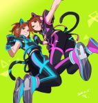 2wink animal_ears aoi_hinata aoi_yuuta boots cat_ears dated ensemble_stars! fake_animal_ears green_background headphones highres holding_hands looking_at_viewer male_focus multiple_boys neon_trim omaruru00 orange_hair paw_pose protected_link shoes short_hair shorts simple_background sneakers twintails 
