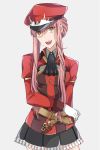 :d alluring_chief_warden_look arms_behind_back bangs belt commentary_request cowboy_shot fate/grand_order fate_(series) gloves hat long_hair looking_at_viewer medb_(fate)_(all) medb_(fate/grand_order) military military_uniform miniskirt open_mouth peaked_cap pink_hair pleated_skirt red_hat simple_background skirt smile solo suzuko_(star8383) uniform white_gloves yellow_eyes 