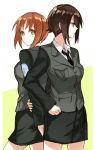  alternate_costume arm_grab back-to-back black_neckwear breasts brown_eyes brown_hair emblem eyebrows_visible_through_hair girls_und_panzer looking_at_viewer medium_breasts multiple_girls necktie nishizumi_maho nishizumi_miho selection_university_(emblem) selection_university_military_uniform short_hair siblings skirt vest yuuyu_(777) 