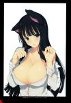  absurdres animal_ears bangs black_hair blue_eyes breasts buttons cat_ears cleavage collarbone fingernails highres ikaruga_(senran_kagura) large_breasts long_sleeves looking_at_viewer off_shoulder official_art page_number parted_lips paw_pose scan senran_kagura shiny shiny_hair shiny_skin shirt simple_background smile solo upper_body white_background white_shirt yaegashi_nan 