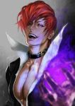  az_pt bangs choker clenched_hand collared_shirt dated fire grey_background hair_over_one_eye holding lips looking_at_viewer male_focus open_mouth pectorals popped_collar purple_fire red_eyes red_hair shirt short_hair signature simple_background smile solo teeth the_king_of_fighters upper_body wing_collar yagami_iori 