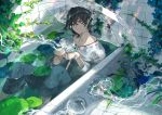  aliasing all_male bath bathtub black_hair green_eyes kyouichi male original rainbow short_hair umbrella water wet 