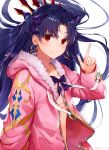  black_cola blue_eyes blush earrings eyebrows_visible_through_hair fate/grand_order fate_(series) heart heart-shaped_pupils highres hood hooded_jacket hoop_earrings ishtar_(fate/grand_order) ishtar_(swimsuit_rider)_(fate) jacket jewelry long_hair open_clothes open_jacket pointing red_eyes smile solo symbol-shaped_pupils twintails upper_body very_long_hair white_background 