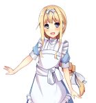  :d alice_schuberg apron bangs blonde_hair blue_eyes blue_shirt blush braid frontera hair_ribbon long_hair looking_at_viewer open_mouth ponytail ribbon shirt short_sleeves sidelocks simple_background single_braid smile solo standing sword_art_online very_long_hair white_apron white_background white_ribbon 